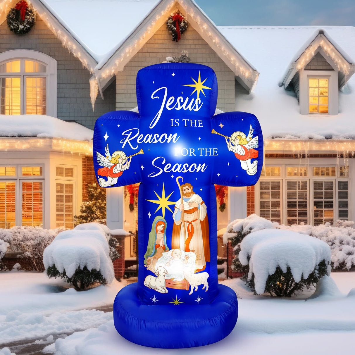 Civaner 6FT Christmas Inflatable Nativity Scene Decoration with Built in LED Lights, Jesus is The Reason for The Season Christmas Holy Nativity Decoration for Xmas Outdoor Yard Garden Lawn