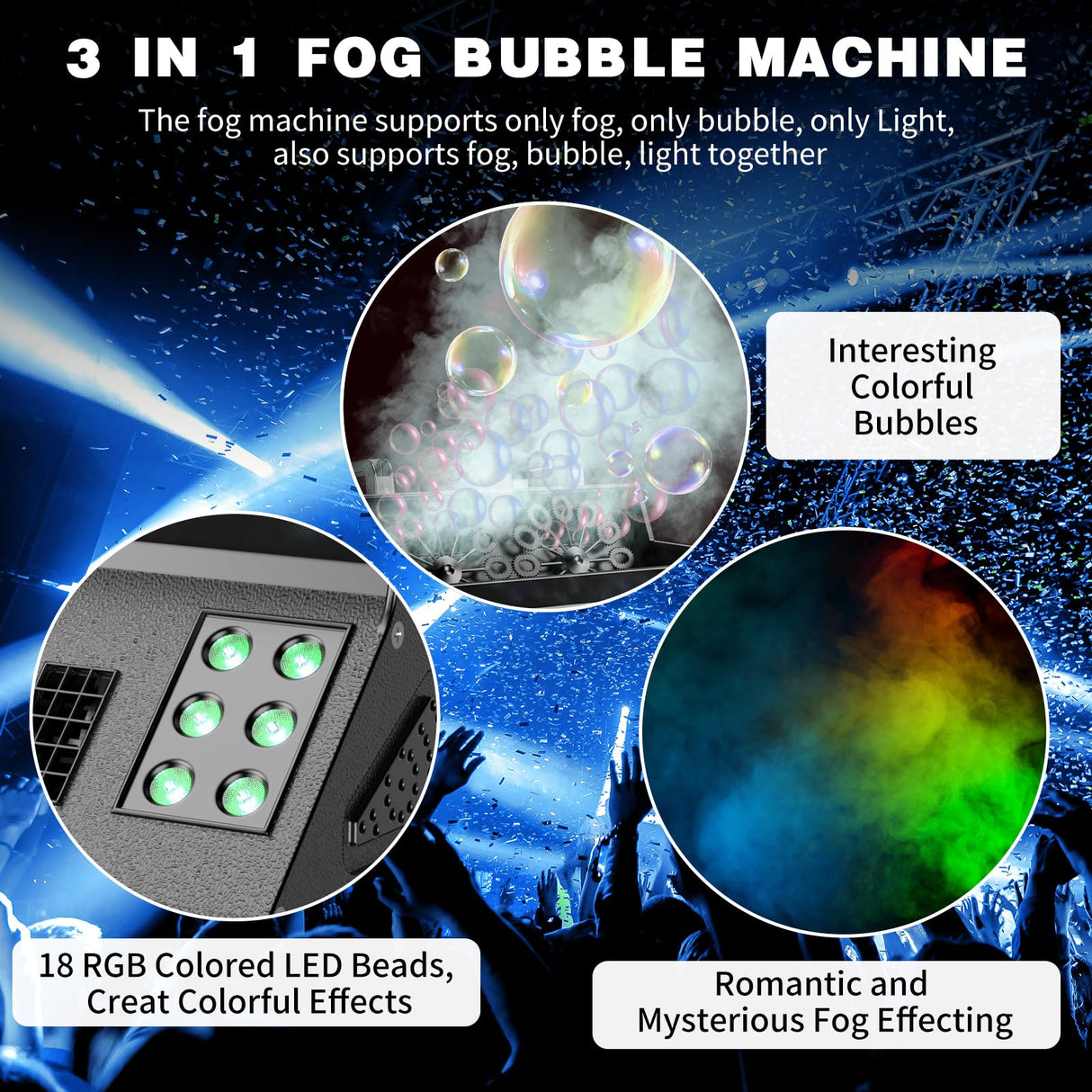 Fancybling 2000W Fog Machine, 3 in 1 Fog Bubble Machine with 2 Bubble Fans, 18 RGB LED Lights Smoke Bubble ALL IN ONE Fog Machine, Bubble Machine for Halloween Christmas Party Wedding Birthday