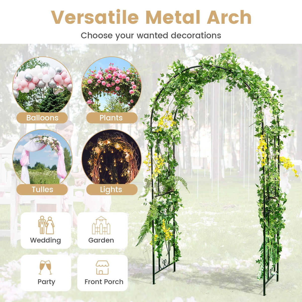 Moccha Garden Arch, 7.2Ft Metal Arbor for Climbing Plants, Vines, Roses, Outdoor Pergola Trellis with Stakes, Wide Garden Archway Arbor Trellis for Lawn Wedding