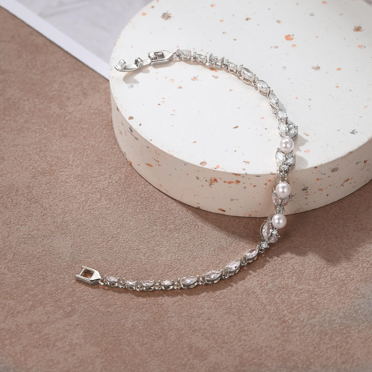 Crysdue Simulated Pearl CZ Wedding Leaf Tennis Bracelet for Women Clear