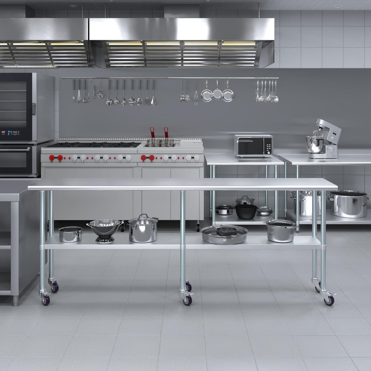 AmGood 18 in. x 96 in. Stainless Steel Work Table with Wheels | Metal Kitchen Food Prep Table | NSF