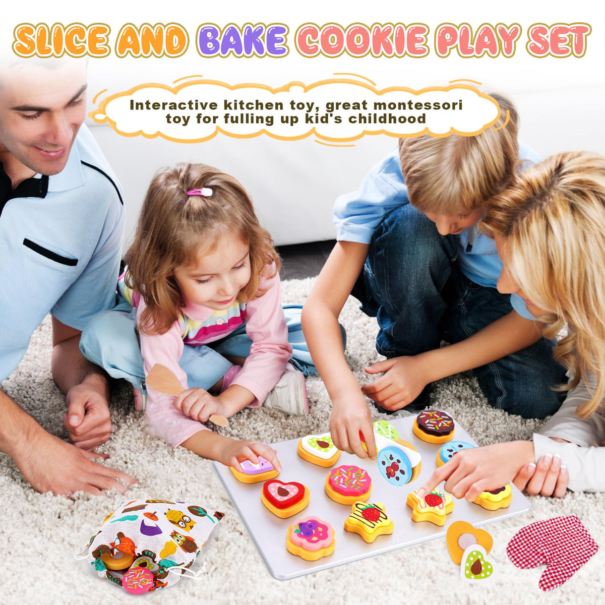 Slice and Bake Wooden Cookie Play Food Set for Kids Kitchen - Toy Food
