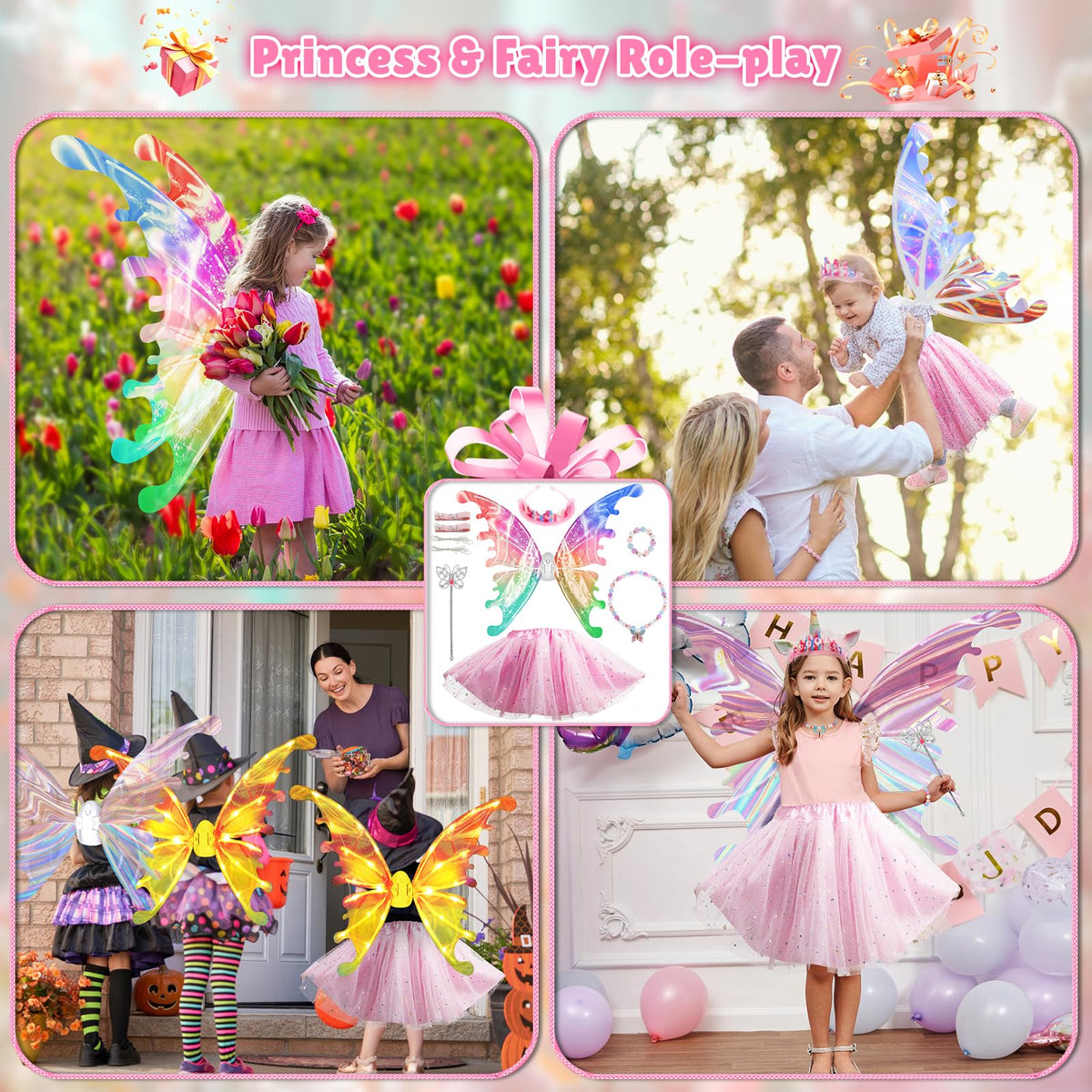 Princess Dress up Costume with Electric Fairy Wings for Girls 3-8, Light Up Moving Butterfly Wings with LED Lights&Music, Christmas Birthday Gift Princess Dresses with Crown/Wand/Bracelets/Necklaces