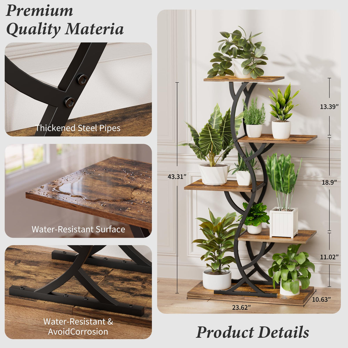 Plant Stand Indoor with Grow Lights - 5 Tiered Corner Plant Shelves (Brown)