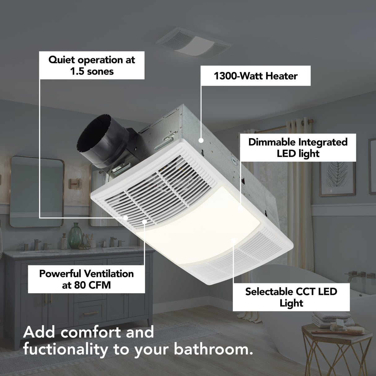 Broan-NuTone Bathroom Exhaust Fan with Heater Quiet 1.5 Sones, 80 CFM and 3-Level CCT Lighting, Powerful Ventilation and Warm Comfort for Any Bathroom