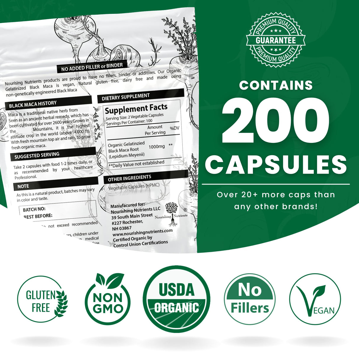 Organic Gelatinized Black Maca – 3X Stronger 200 Capsules for Men & Women, Natural Energy Supplement for Focus, Performance, Stamina & Endurance, Mood Enhancement and Stability, Mental Clarity 1000mg