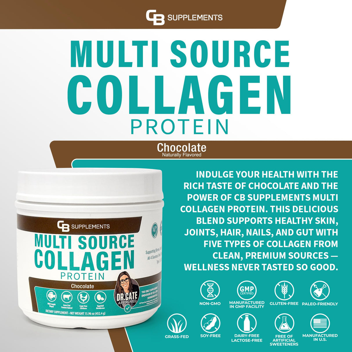 CB Supplements Multi Collagen Protein – Hydrolyzed Collagen for Joint, Skin, Gut, Hair & Nail Health – Chocolate Flavored Powder with Types I, II, III, V & X – Grass-Fed & Clean – 58 Servings
