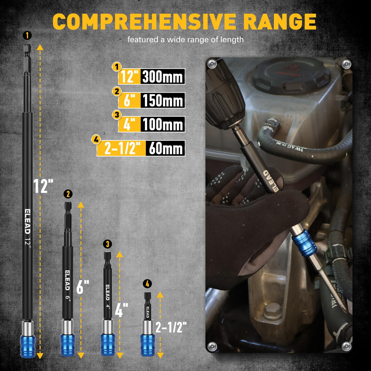 4-Piece 2", 4", 6", 12" Drill Bit Extension Set, Magnetic Screwdriver Bit Holder Extender with Aluminum Sleeve, 1/4 Inch Hex Shank Quick Release Extension Adapter, Durable CR-V Steel