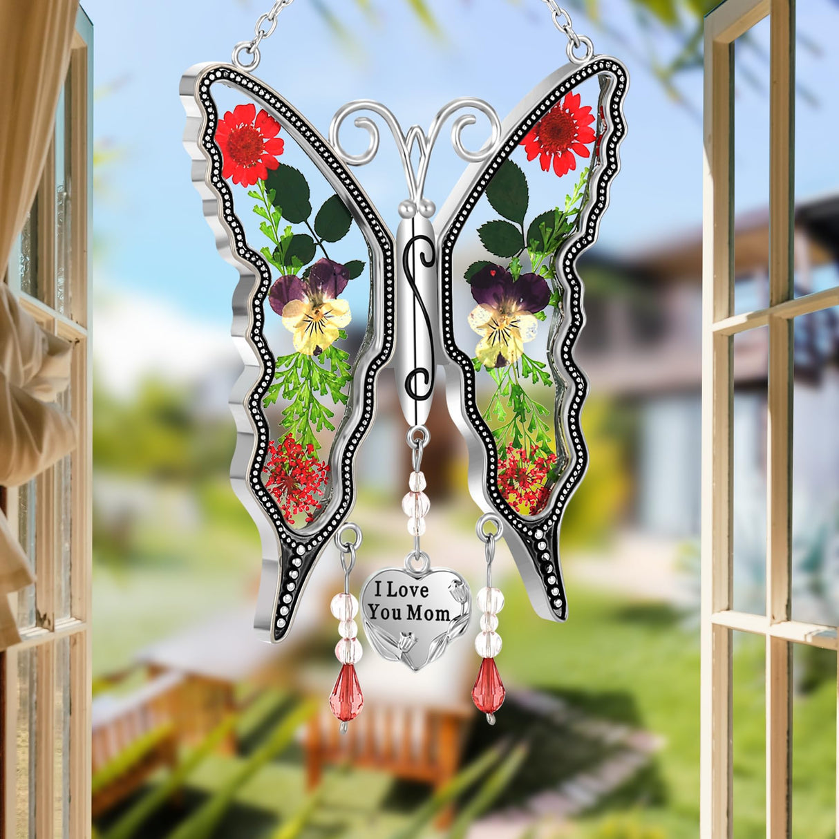KY&BOSAM Butterfly Suncatcher Pressed Flower Stained Glass Window Hanging