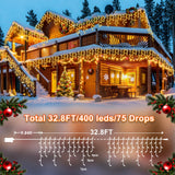 KNONEW Christmas Lights Outdoor Decorations 400 LED 33ft 8 Modes Curtain Fairy String Light with 75 Drops, Clear Wire LED String Light Indoor Decor for Wedding Party Christmas Decorations Warm White