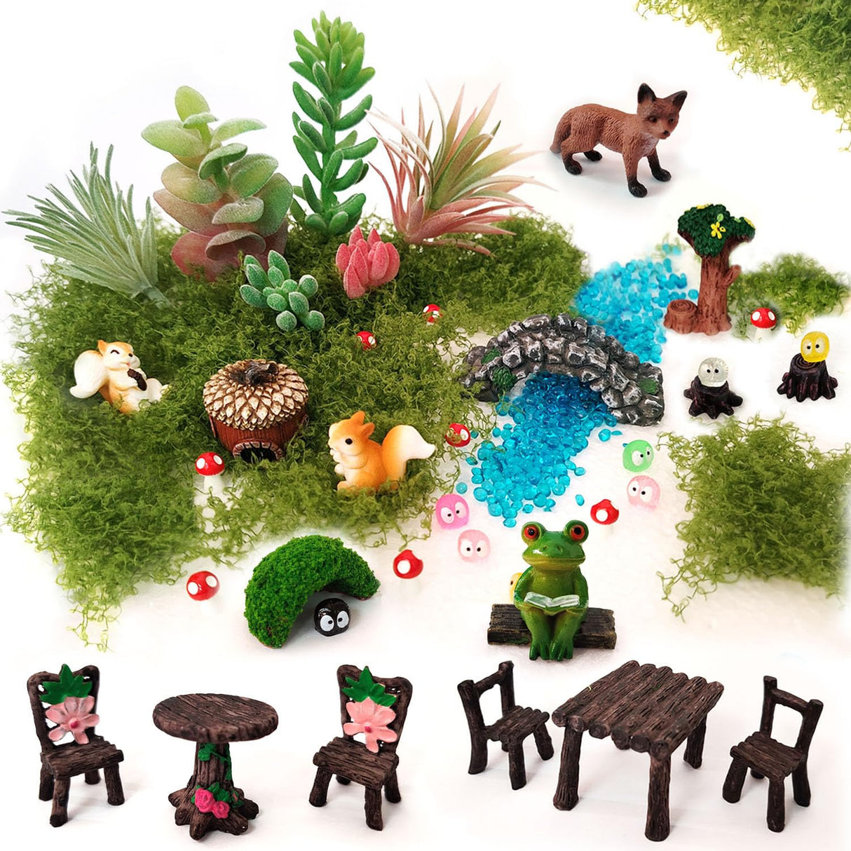 QuarenDen 44 Pcs Fairy Garden Accessories, Miniature Table and Chairs Set, Miniature Figurines Mini Resin Animals House Bridge for Micro Landscape Potted Plant Terrarium Decor DIY Craft Gift