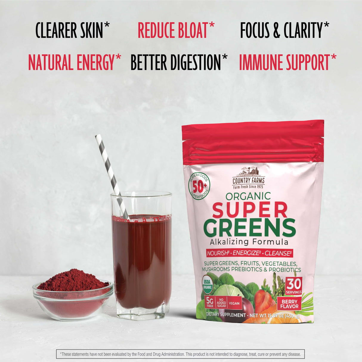 Country Farms Super Greens Berry Flavor, 50 Organic Super Foods, USDA Organic Drink Mix (Wheat Grass, Spirulina, Chlorella) Mushrooms & Probiotics, with Fiber, Gut Health, Natural Energy, 30 Servings