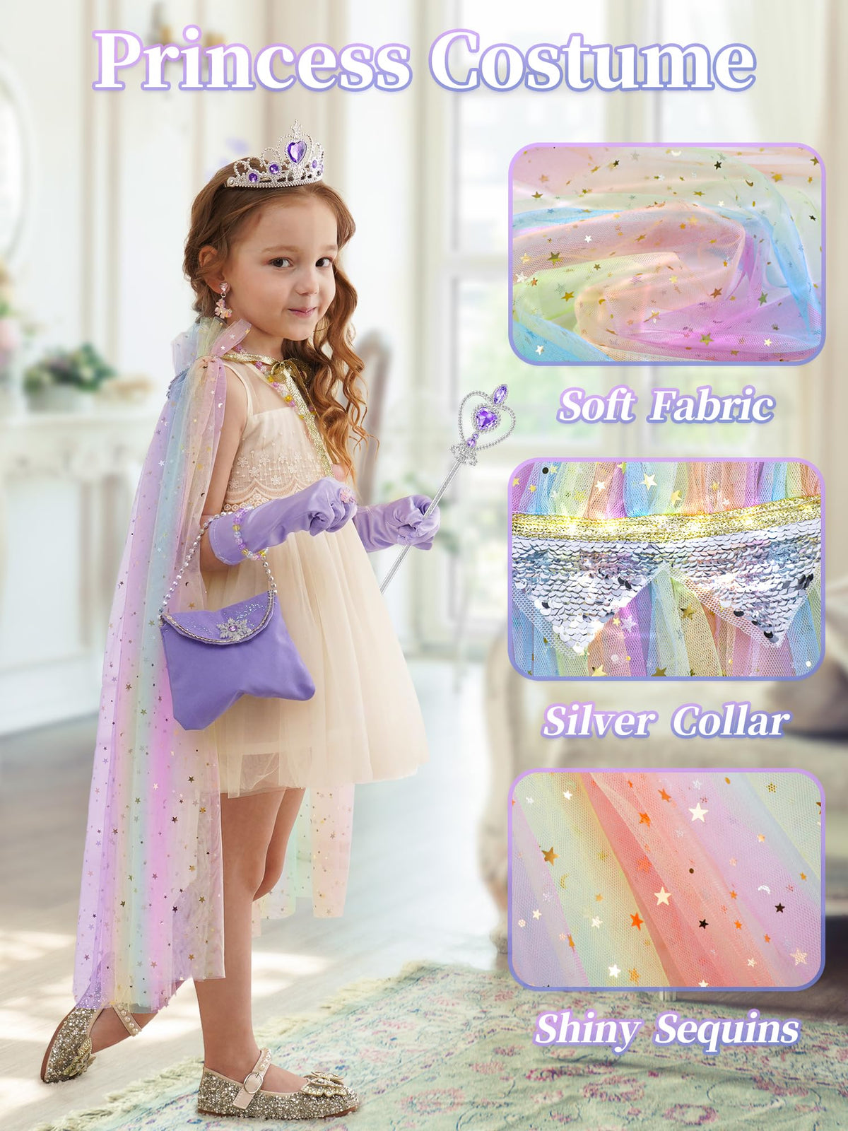 Fuzmo Light Up Princess Dress Up for Girls 3 4 5 6 Years Old, Purple