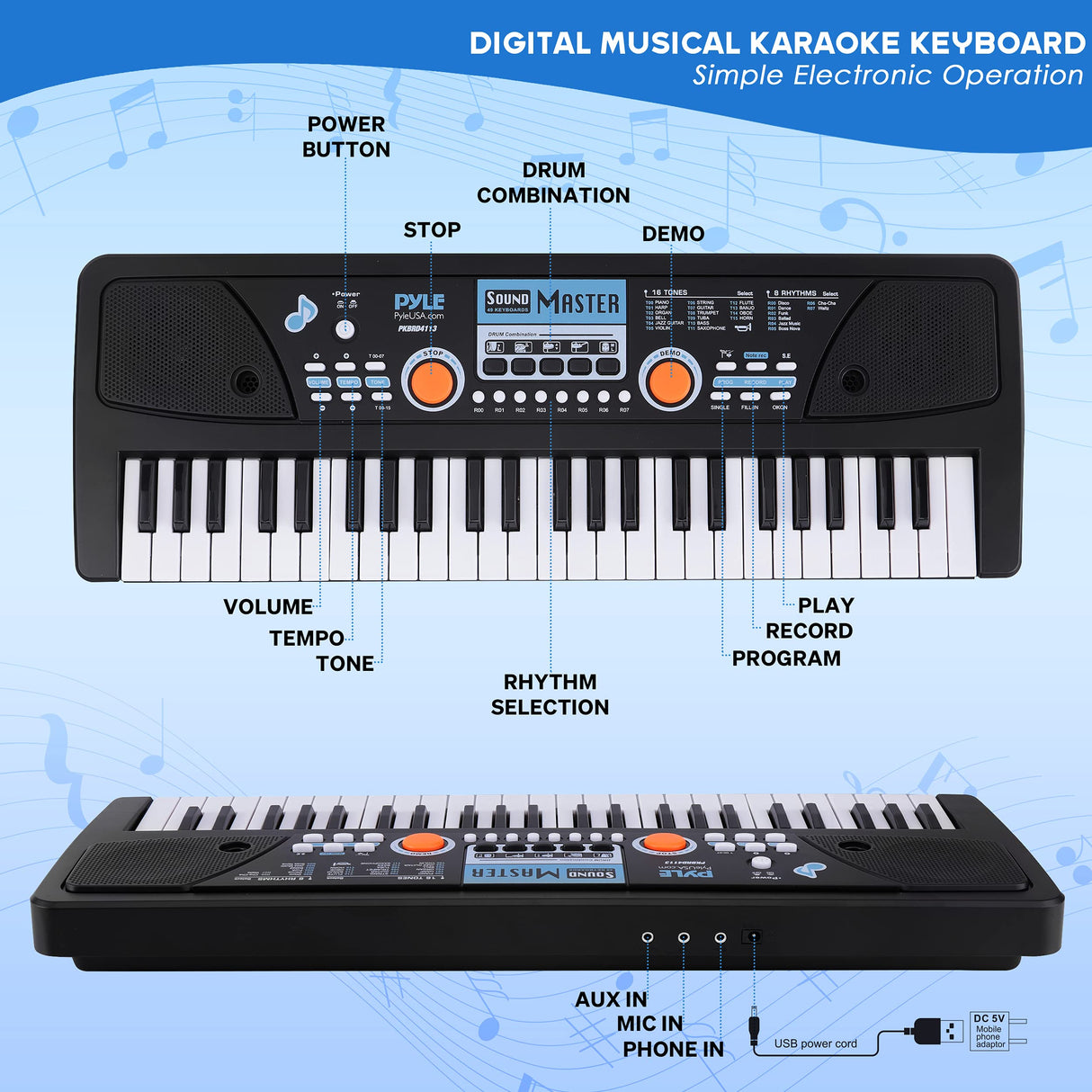 Pyle, Electric 49 Keys-Portable Digital Musical Karaoke Piano Keyboard-8 Rhythms 16 Tones, Stereo Speakers, Rechargeable Battery-Wired Microphone-Beginners Kids Adult PKBRD4113 (PKBRD4113.3)