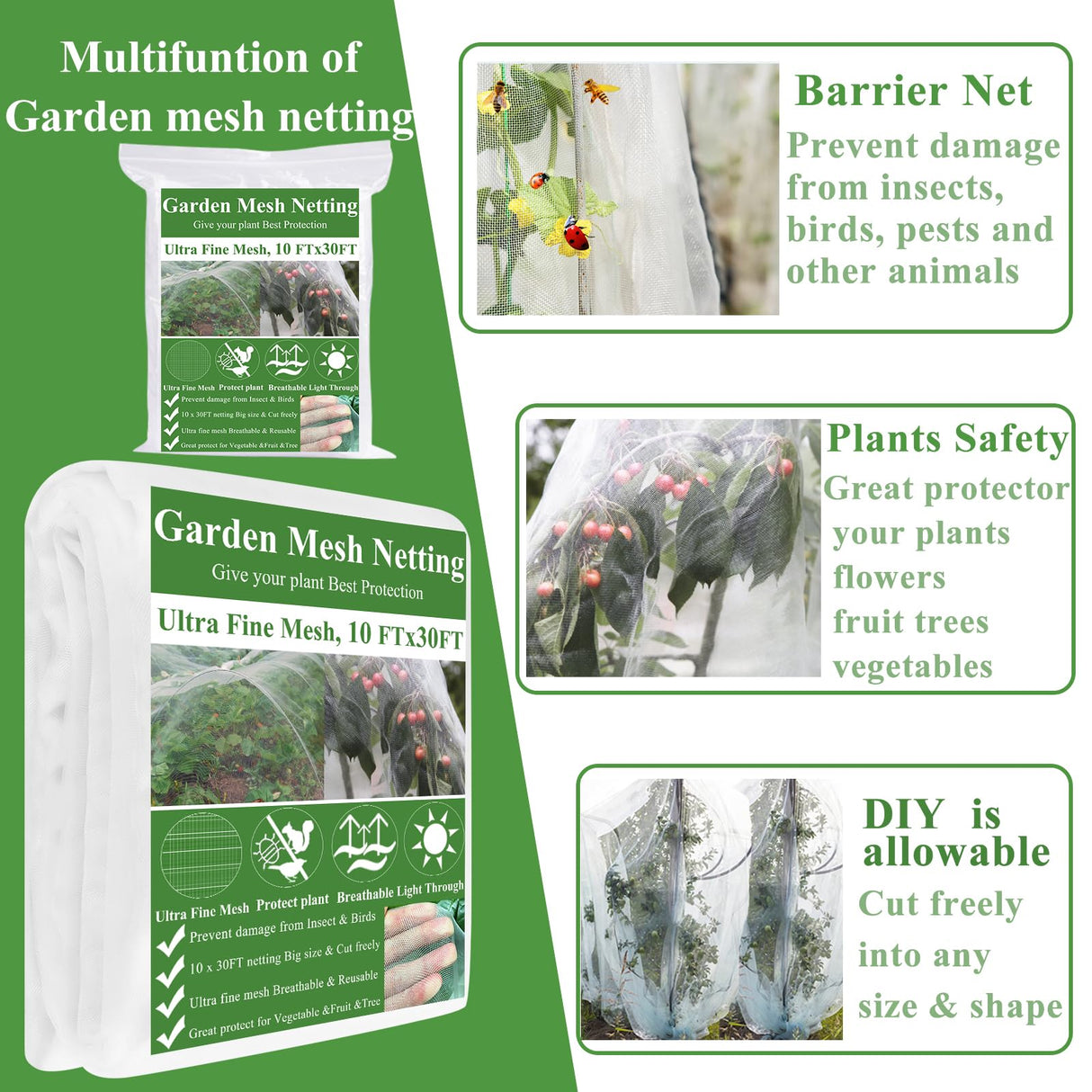 Garden Mesh Netting Kit, Plant Covers 10x30Ft Ultra Fine Mesh Netting & 6Pcs Garden Hoops &18 Clip, Garden Netting Kit for Raised Beds Plants Pest Barrier Greenhouse Row Cover Animal Protection Net