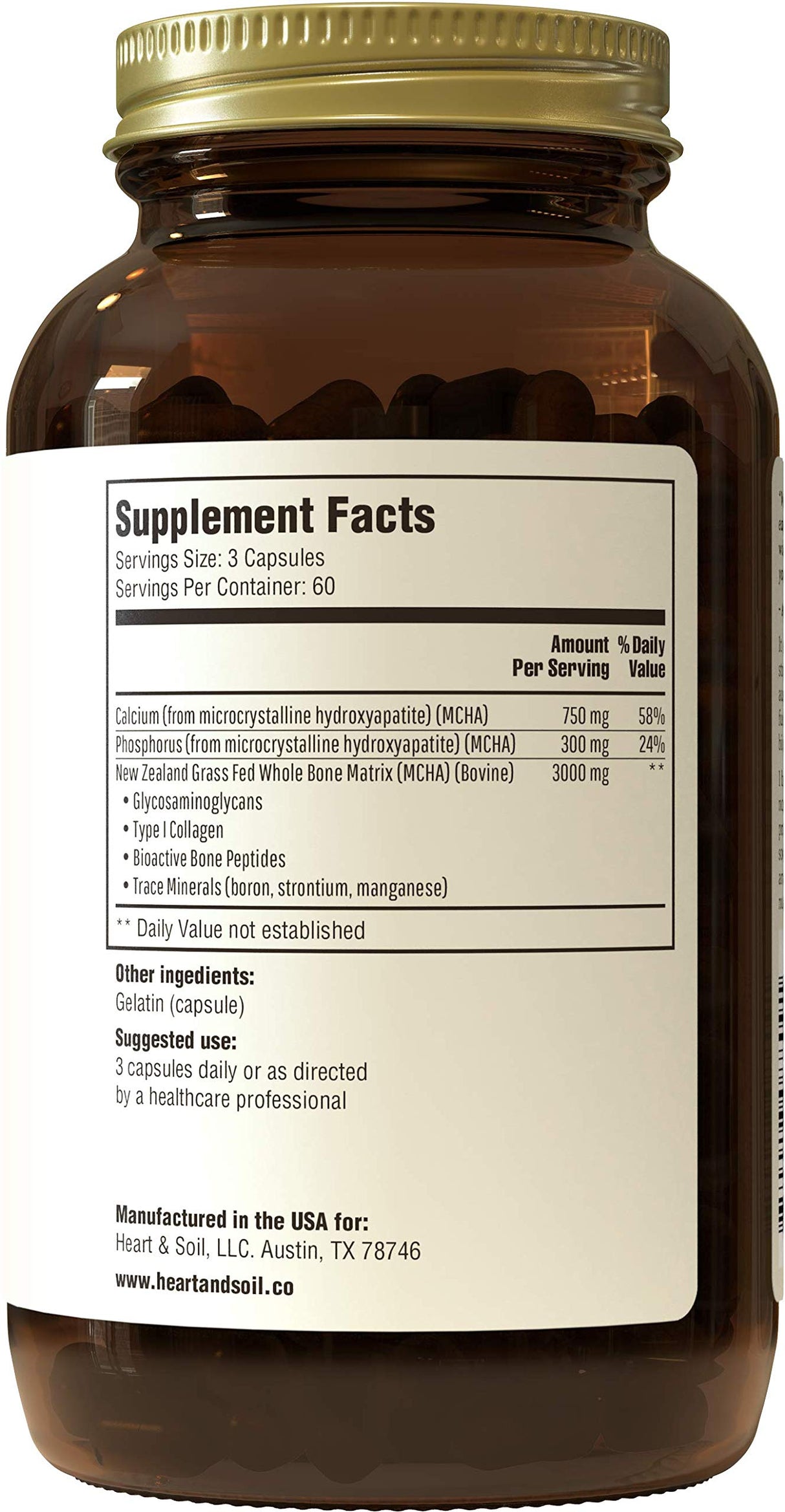 Heart & Soil Grass Fed Bone Matrix — Supports Bone and Joint Health, Strength, and Flexibility (180 Capsules)