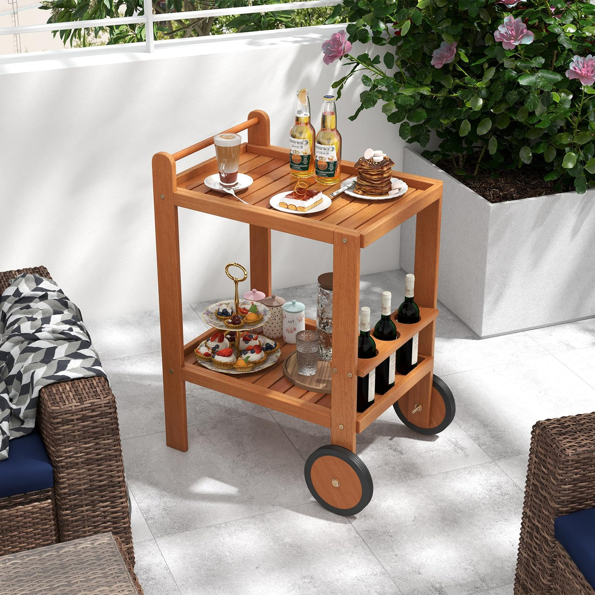 Tangkula Wood Bar Cart, Outdoor Indoor 2 Tier Rolling Serving Cart with Wine Bottle Holders and 2 Rubber Wheels, Bar Table Beverage Drink Cart for Kitchen, Patio, Garden and Poolside, Natural