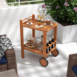 Tangkula Wood Bar Cart, Outdoor Indoor 2 Tier Rolling Serving Cart with Wine Bottle Holders and 2 Rubber Wheels, Bar Table Beverage Drink Cart for Kitchen, Patio, Garden and Poolside, Natural