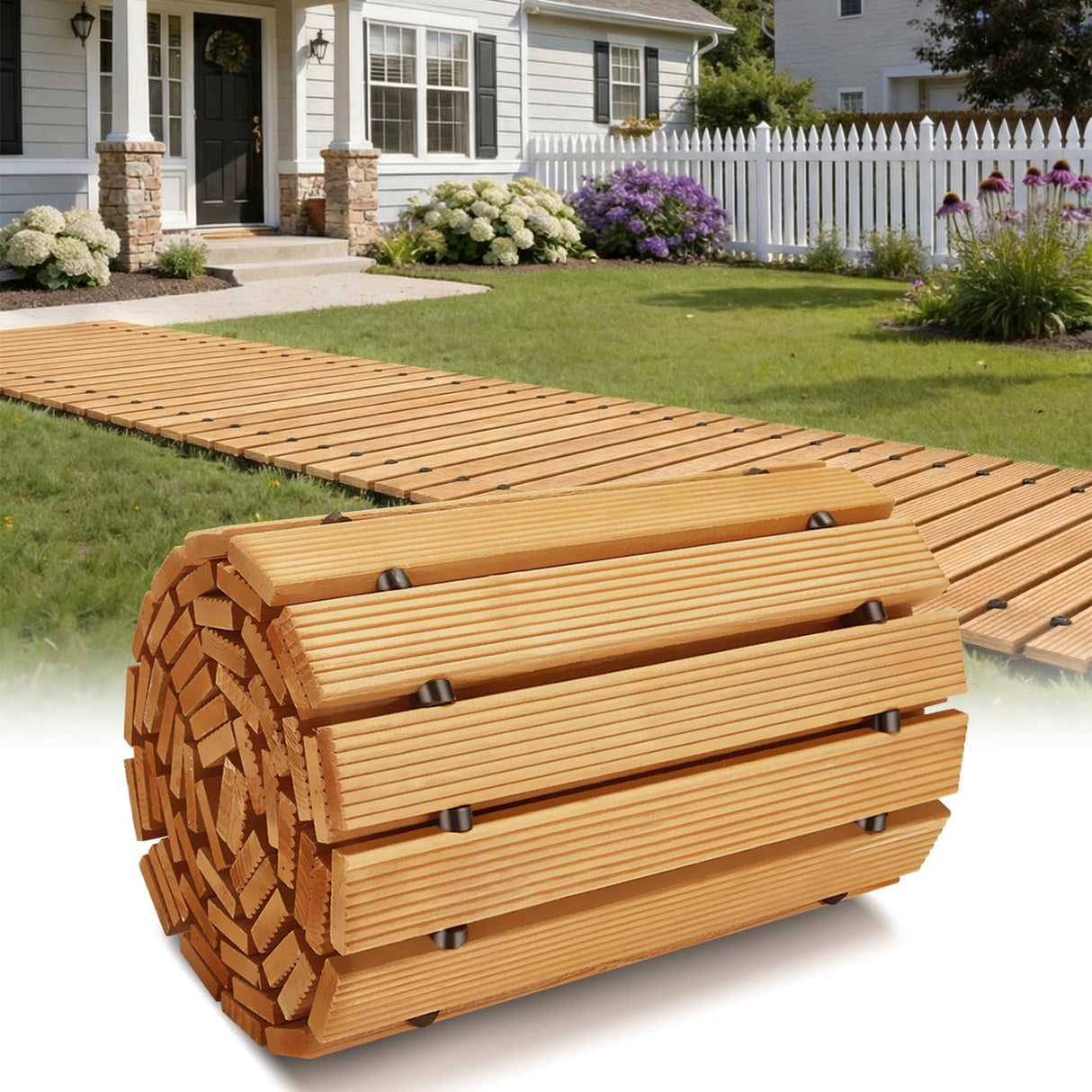Buymoth 12FT Wooden Garden Pathway,Roll Out Decorative Straight Walkway