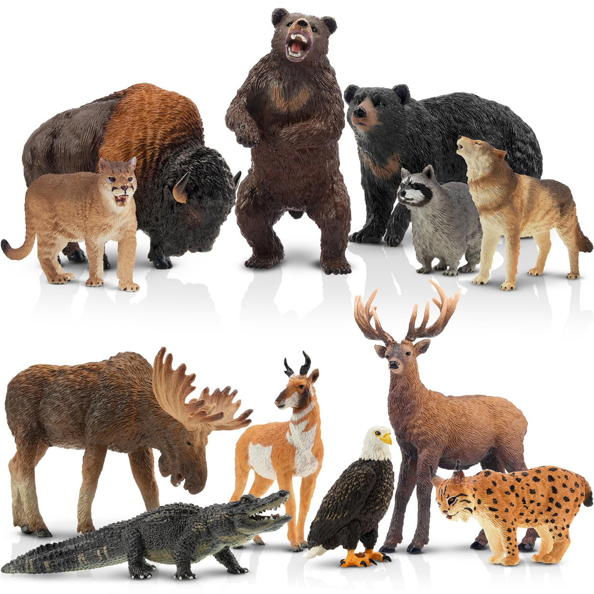 Toymany 12PCS North American Forest Animal Figurines, Realistic Jungle Animal Set Includes Moose,Cougar,Wolf,Bear,Eagle,Deer Educational Toy Cake Toppers Christmas Birthday Gift for Toddlers Kids 3-5