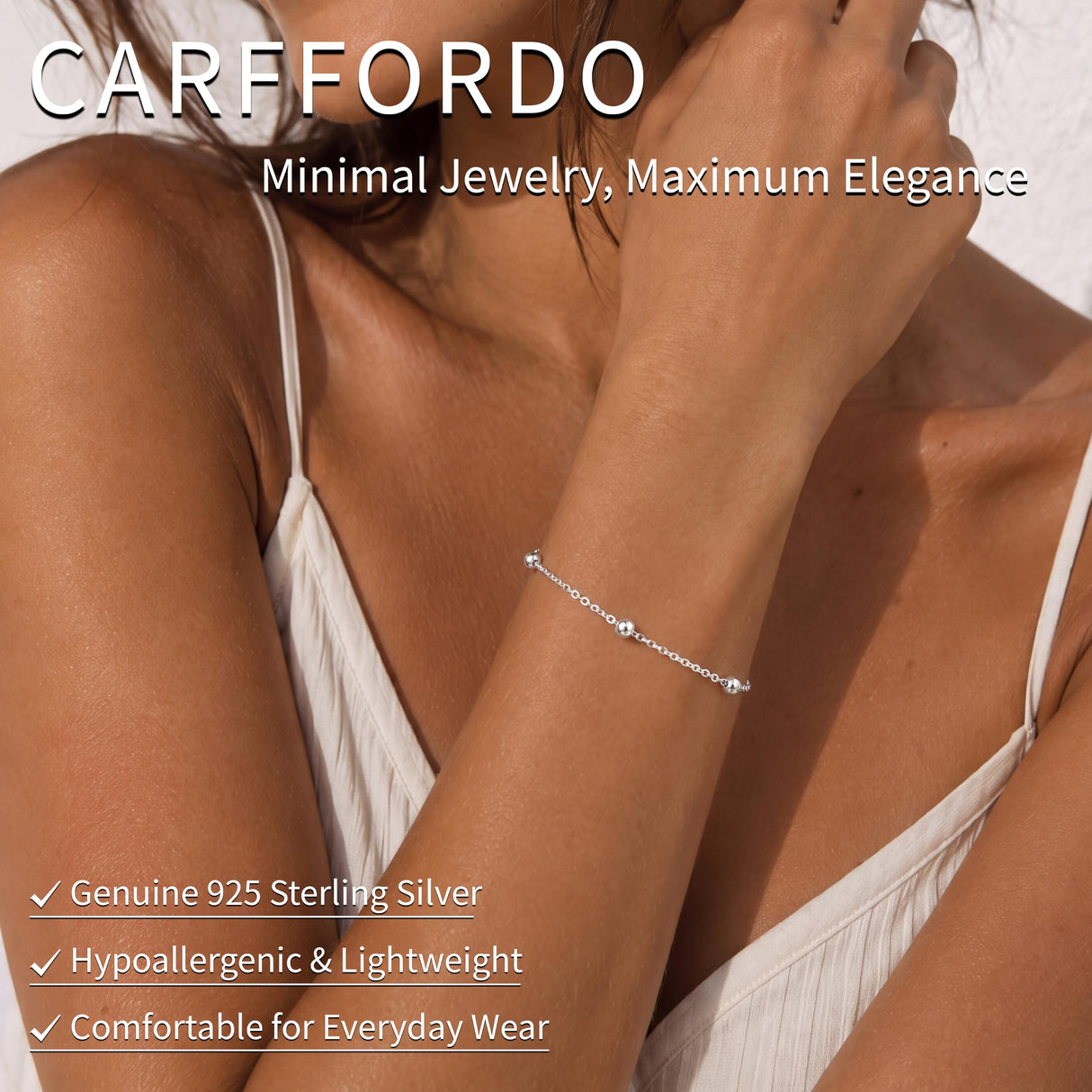 Carffordo 925 Sterling Silver Bracelets for Women, 3mm Bead Link Bracelet