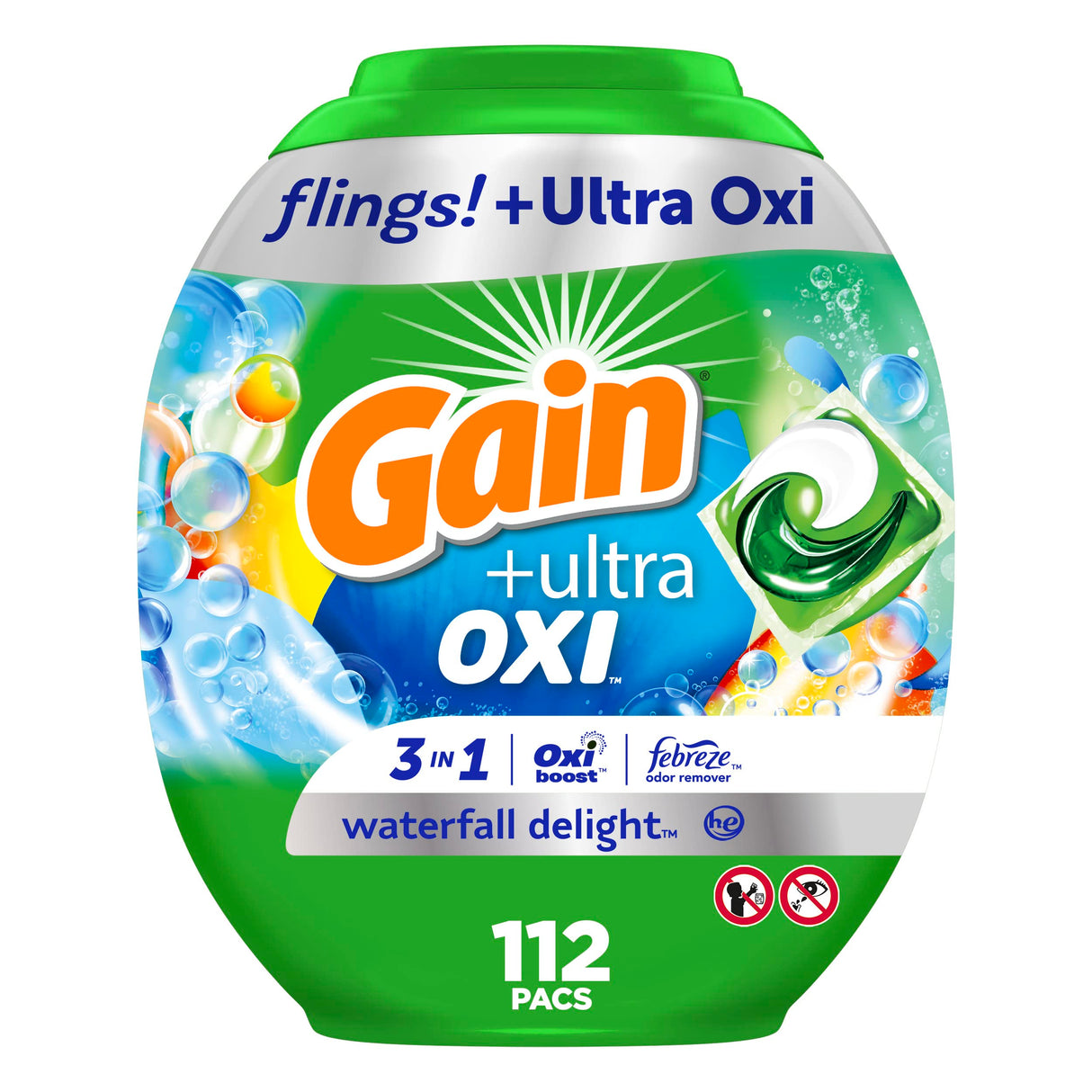 Gain flings Ultra Oxi Laundry Detergent Pacs, 112 Count, Waterfall Delight Scent, 3-in-1, HE Compatible