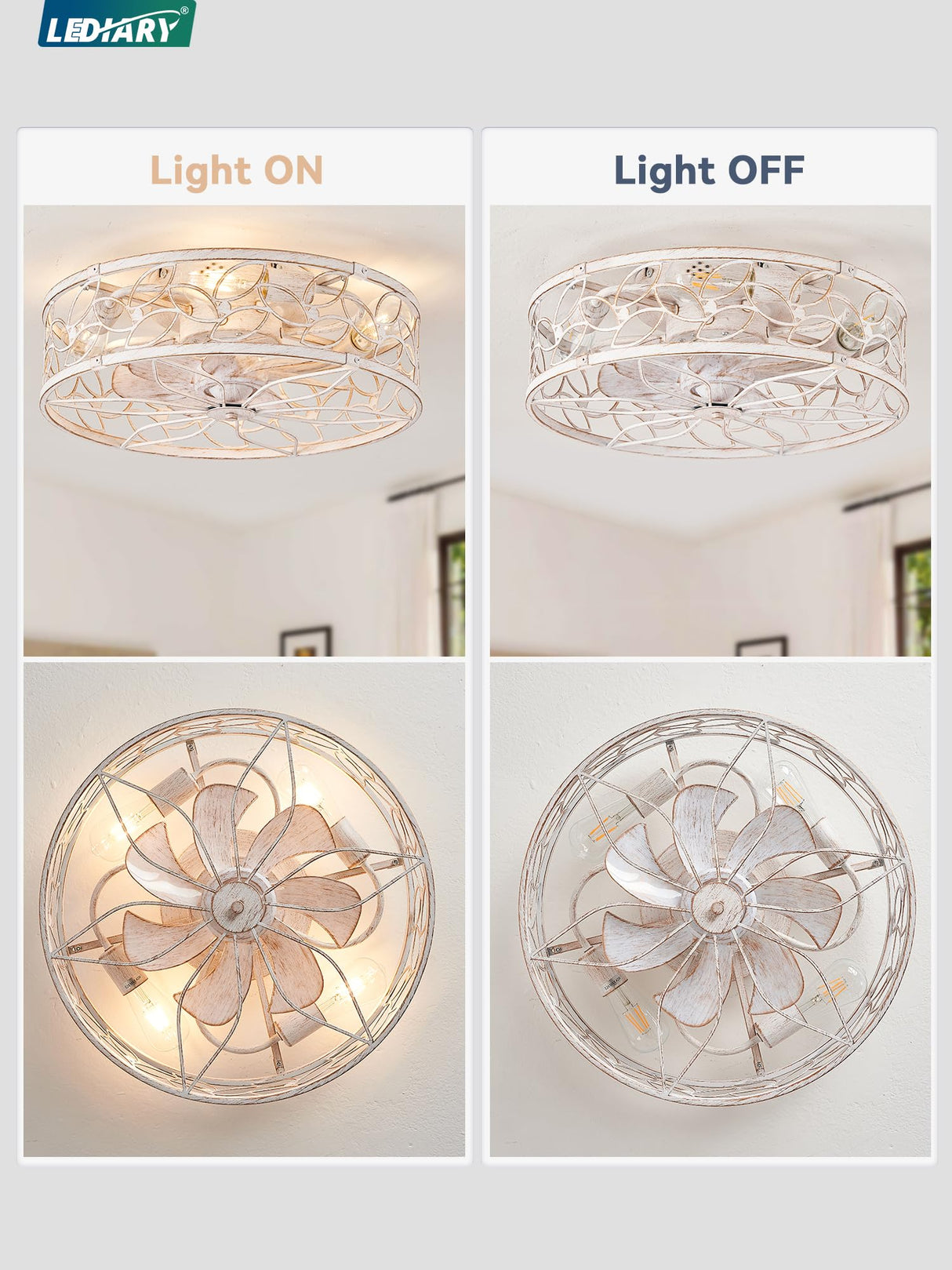 LEDIARY Caged Ceiling Fans with Lights, White Flush Mount Ceiling Fan with Remote&App, Small Low Profile Bladeless Ceiling Fan Light Fixture for Bedroom, Kitchen, Dining Room-White Gold Color