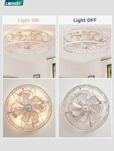 LEDIARY Caged Ceiling Fans with Lights, White Flush Mount Ceiling Fan with Remote&App, Small Low Profile Bladeless Ceiling Fan Light Fixture for Bedroom, Kitchen, Dining Room-White Gold Color