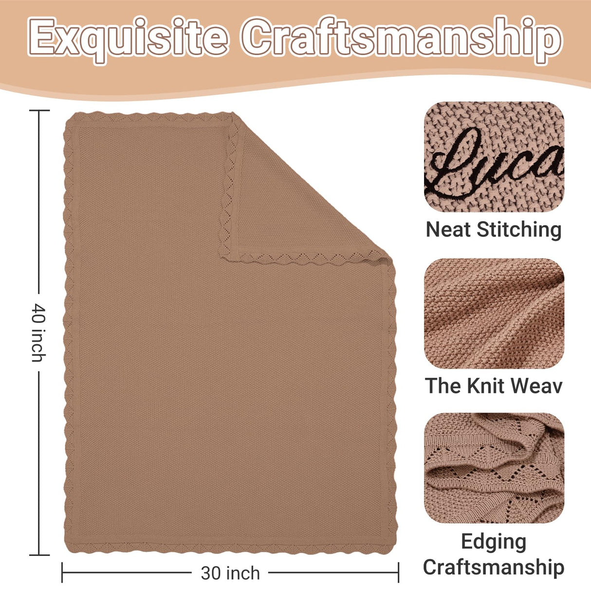 WNNNS Personalized Baby Blanket 100% Cotton Embroidered Name Knit Blanket Custom Baby Blanket for Boys Girls Customized Baby Gift for Christmas Baby Shower for Newborn Toddler Stroller Blanket