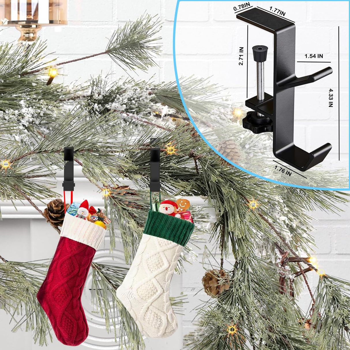 AZHAIBUQI 4 Pack Christmas Fireplace Stocking and Garland Hanger,Mantle Garland Holder for Hanging Christmas Stockings,Adjustable Garland and Stocking Holder,Black