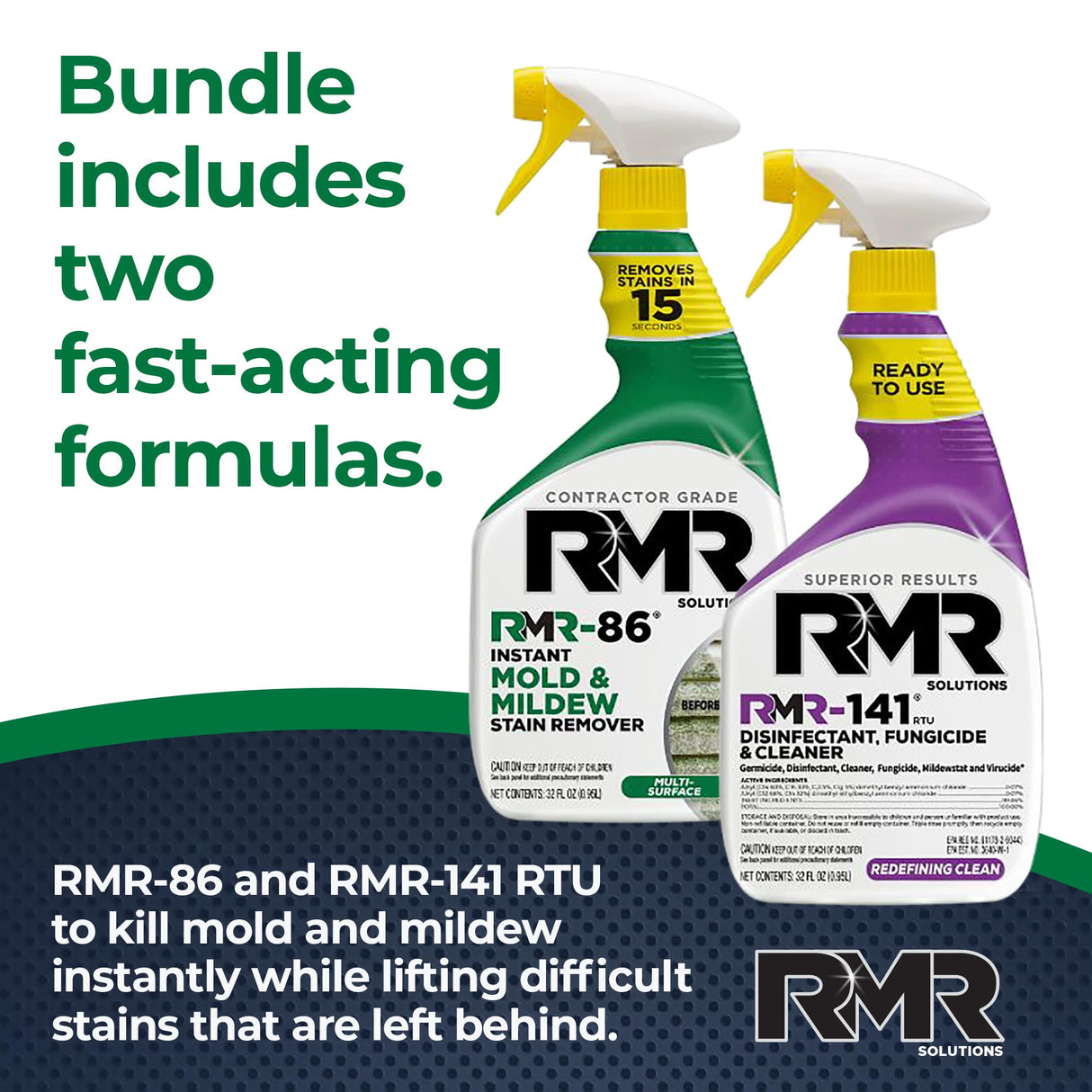 RMR Brands DIY Mold & Stain Remover Bundle, Complete Mold Killer & Mildew Prevention Kit, Disinfectant Spray, Includes 2-32 fluid ounce Bottles