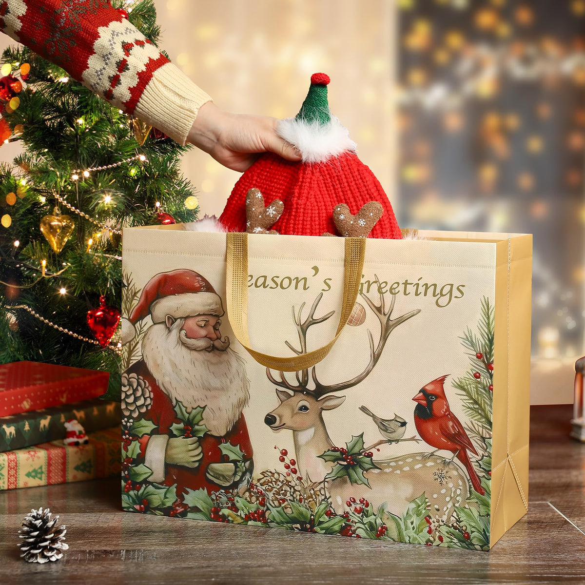 STYPOP 12 Pack 17" Extra Large Christmas Gift Bags, Reusable Non-Woven Christmas Tote Bags with Handles, Perfect for Gift Wrap/Party Favor Supplies, 16.9 * 12.6 * 6.8"