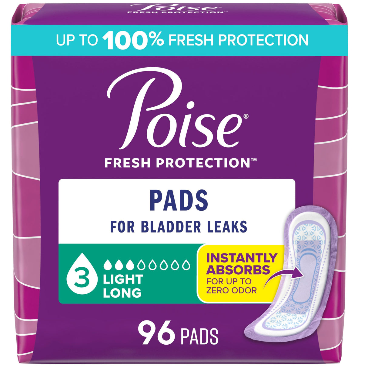 Poise Incontinence Pads & Postpartum Incontinence Pads, 3 Drop Light Absorbency, Long Length, 96 Count (4 Packs of 24), Packaging May Vary