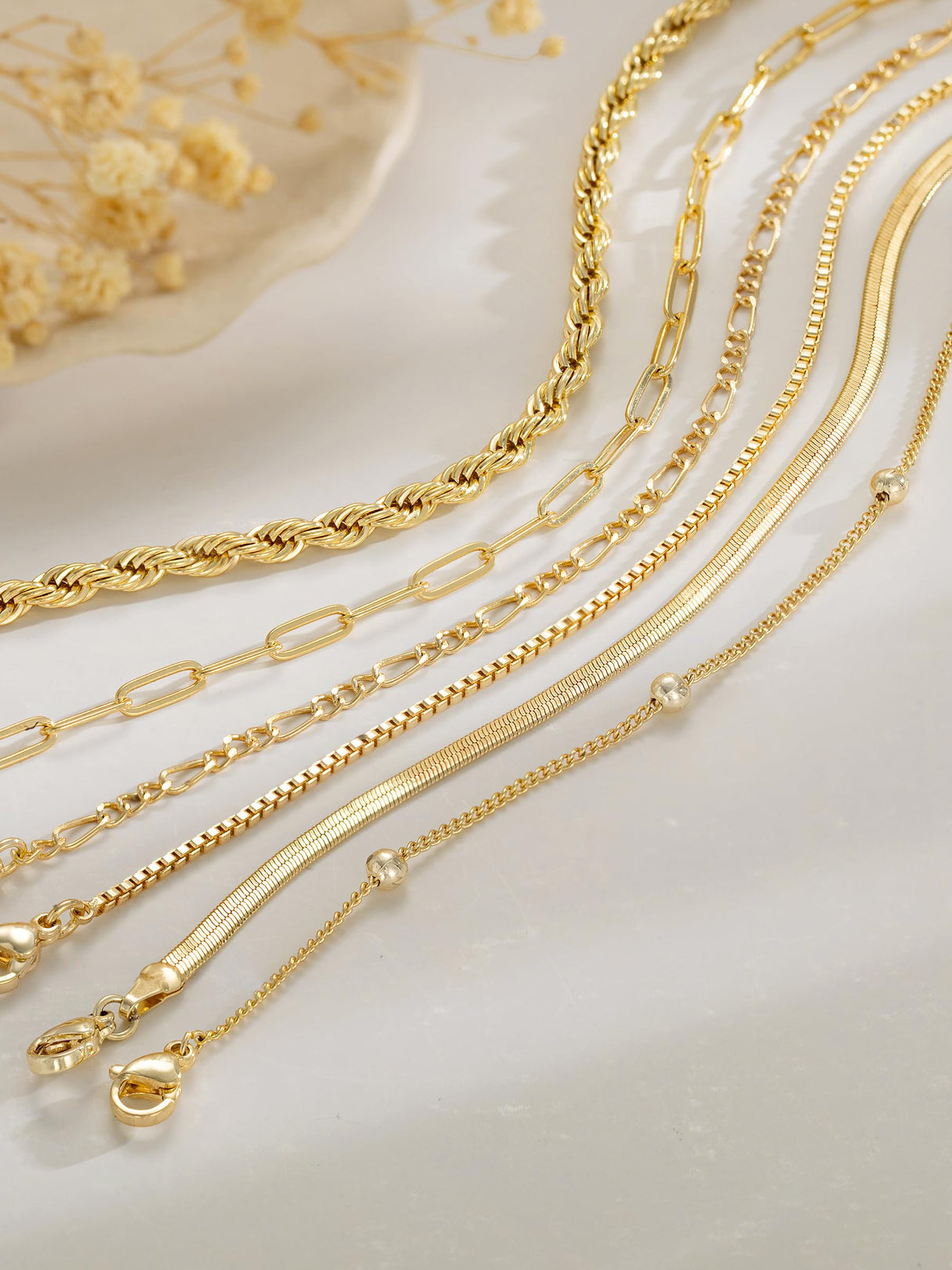 CTEEGN Anklets for Women, 14K Gold Plated 6 Pcs Layered Dainty Anklet Set - Tarnish Resistant Waterproof Brass Ankle Bracelet with Cuban Box Rope Figaro Snake Paperclip Chain, Adjustable 8.5"+2"