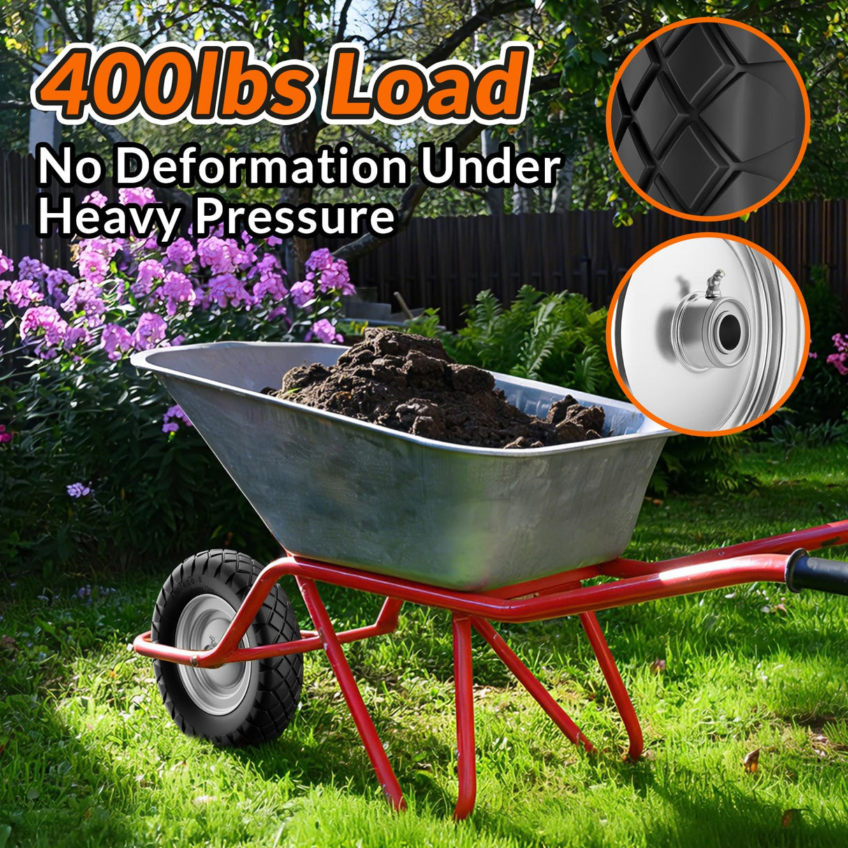 RONPOW 4.80/4.00-8 Flat Free Wheelbarrow Tire and Wheel, 16" Solid Puncture Proof Replacement Tires with 5/8" & 3/4" Bearings, 400Lbs Load, Universal Fit for Garden, Farm & Construction, 1Pack Black