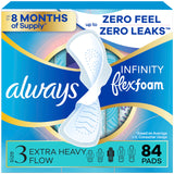 Always Infinity Feminine Pads for Women, Flexfoam Pads with Wings, Size 3, Extra Heavy Absorbency, Unscented, 84 Count (3 Packs of 28)