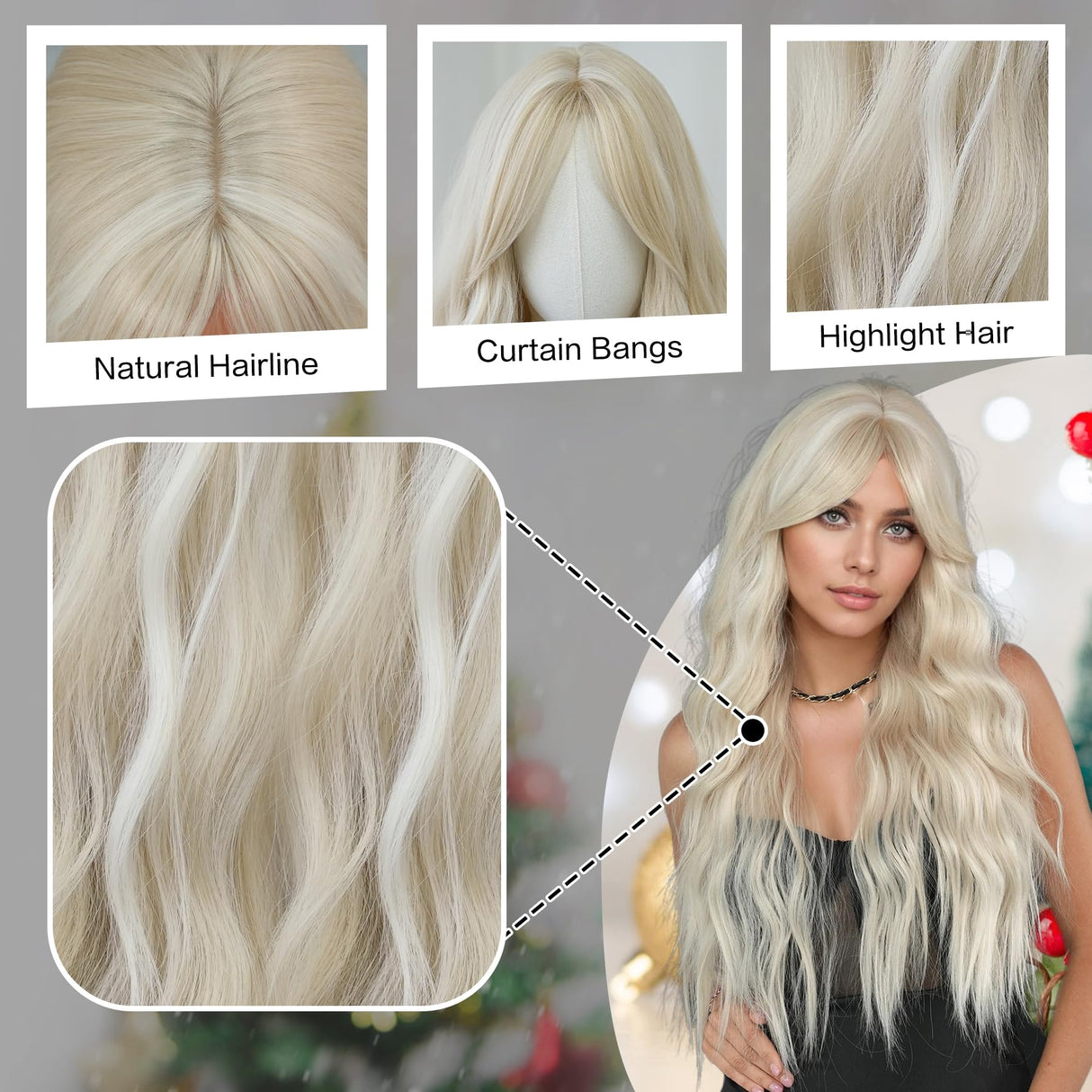7JHH WIGS Long Wavy Ash Blonde Wig with Curtain Bangs Heat Resistant Fiber Layered Synthetic Curly Wig for Cosplay Christmas Gifts Party Used