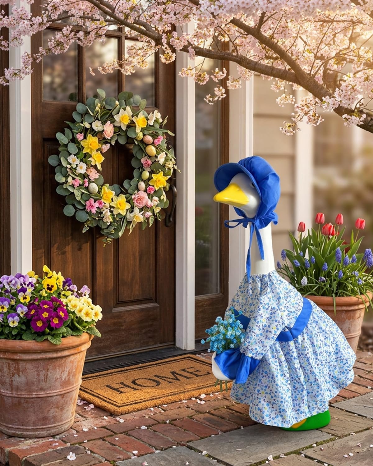 GigaCircle Spring Porch Goose Lady Outfits with Artificial Flowers - 23" Floral Dress Lawn Geese Clothes with Hat, Cute Porch Goose Summer Outfits for Patio Garden Decor, Best Gift for Mom Grandma