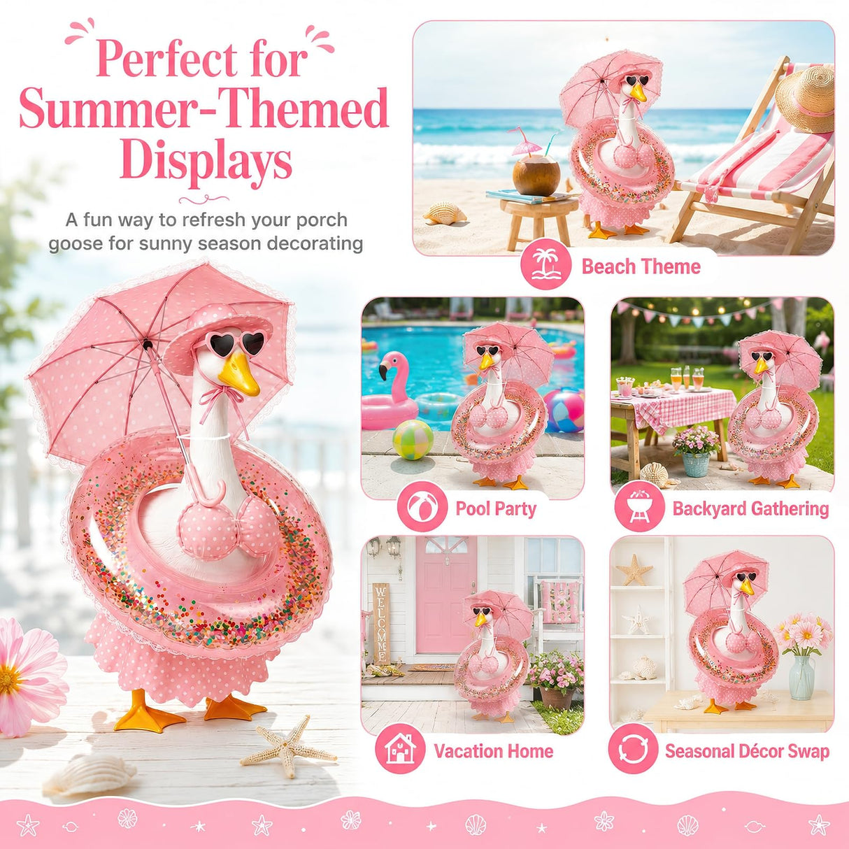 DaGailen Summer Porch Goose Outfits 23 Inch, Pink Polka Dot Porch Goose Bikini Set with Parasol Umbrella, Swim Ring, Sun Hat and Heart Sunglasses, Porch Goose Accessories for Yard Garden Patio Decor