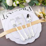 NOCCUR 175pcs Silver Plastic Plates - Silver Rim Plastic Tableware Include 25 Dinner/Dessert Plates, 25 Forks, 25 Knives, 25 Spoons for Wedding/Party/Christmas