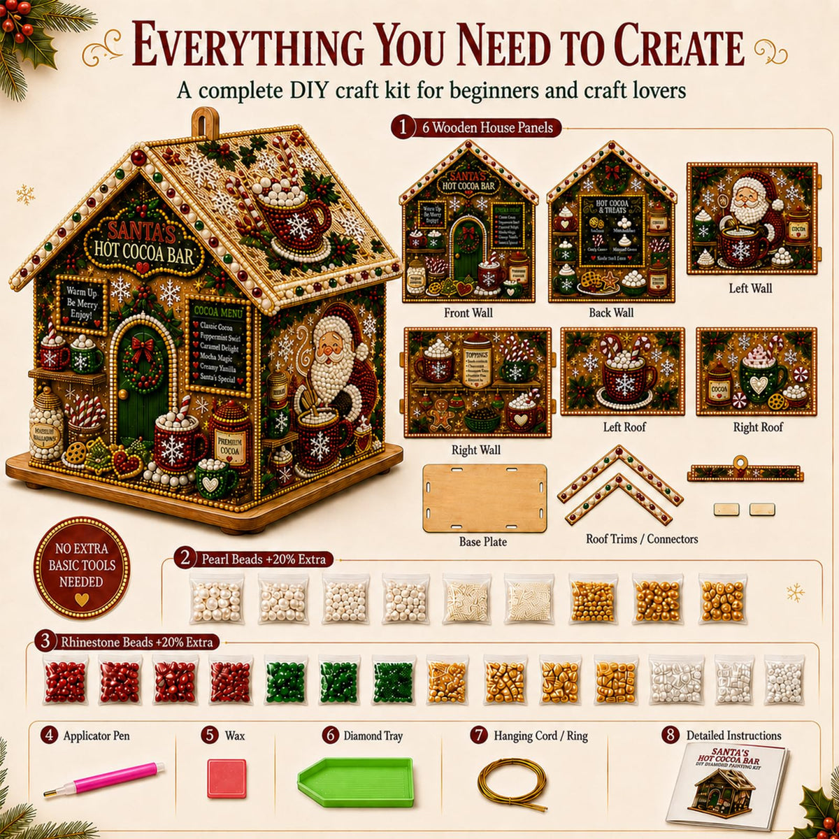 3D Christmas House Diamond Painting Kit for Adults, Wooden Pearl Art Craft