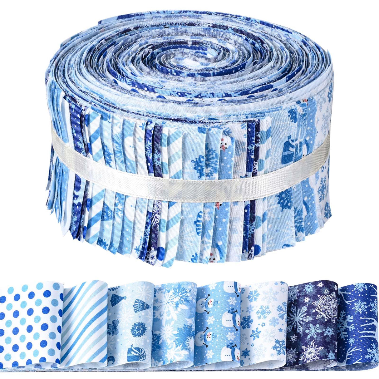 40 Pcs Winter Christmas Snowflakes Cotton Jelly Fabric Strips Blue and White Snowflake Reindeer Patchwork Strips for Quilting Crafting Snowman Precut Patchwork for Sewing DIY Crafts