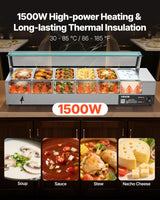 VEVOR Commercial Food Warmer, 1500W Electric Stainless Steel Steam Food Warmer with Glass Cover, 6 x 1/3 Size Pans Buffet Bain Marie with Soup & Perforated Ladles, for Catering, Restaurant & Party