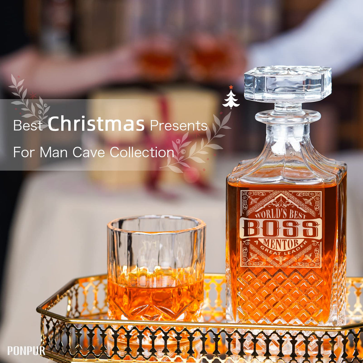 PONPUR Boss Gifts for Men, Decanter Set with Stones & Glasses, Best Boss Day Birthday Gift, Office Farewell Gifts for Boss, Mentor, Manager, Leader, Unique Stocking Stuffers Christmas Presents