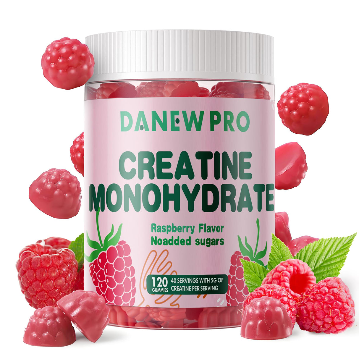 DANEW Pro Creatine Monohydrate Gummies for Men & Women-5g of Creatine Monohydrate per Serving - Sugar Free,Vegan, Raspberry Flavor, 120 Count