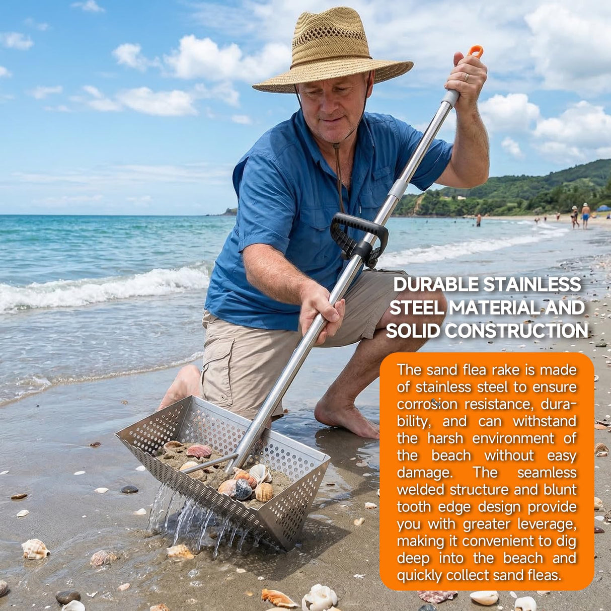Sand Flea Rake with Beach Mesh Shovel, Detachable Long Handle Sand Sifter for Beach, The Shark Tooth Screen Comes with 16in Width Drain Screen with 52in Handle
