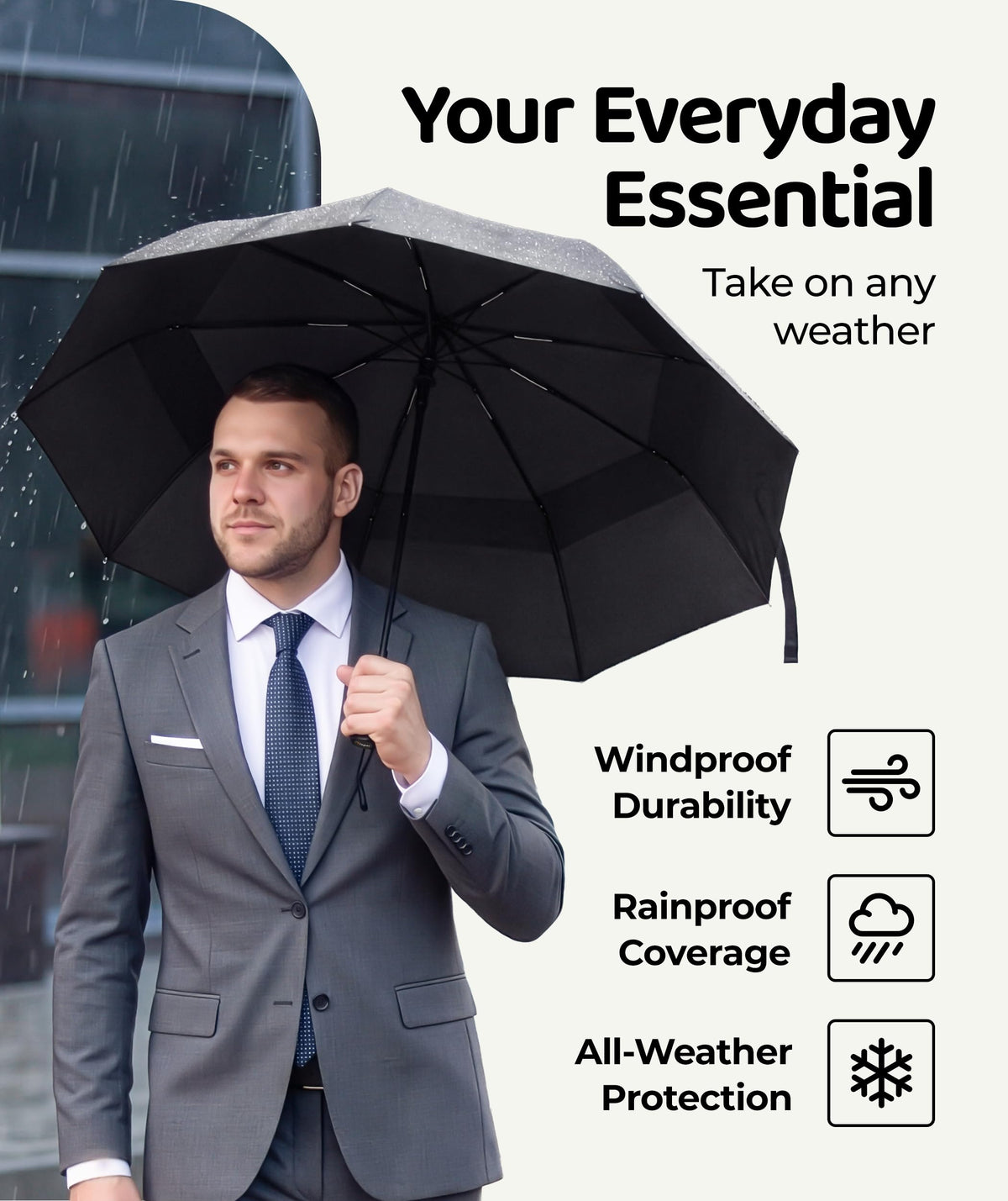 Windproof Travel Umbrella - Compact & Withstands Winds up to 100MPH, Strongest Premium Auto Folding Umbrella for Rain and Sun - Durable, Light & Portable for Women & Men, Fits Backpack & Cars