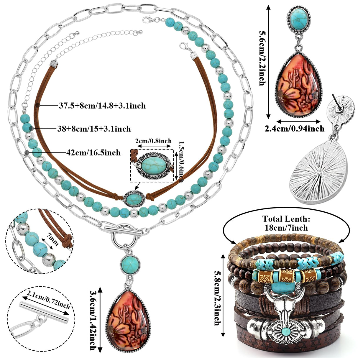 RechicGu Western Jewelry For Women Bohemian Turquoise Dangle Earrings Necklace Bracelet Set, Bullhead Pendant Layered Choker Boho Faux Leather Wristband Country Concert Cowgirl Accessories Cactus E