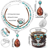 RechicGu Western Jewelry For Women Bohemian Turquoise Dangle Earrings Necklace Bracelet Set, Bullhead Pendant Layered Choker Boho Faux Leather Wristband Country Concert Cowgirl Accessories Cactus E