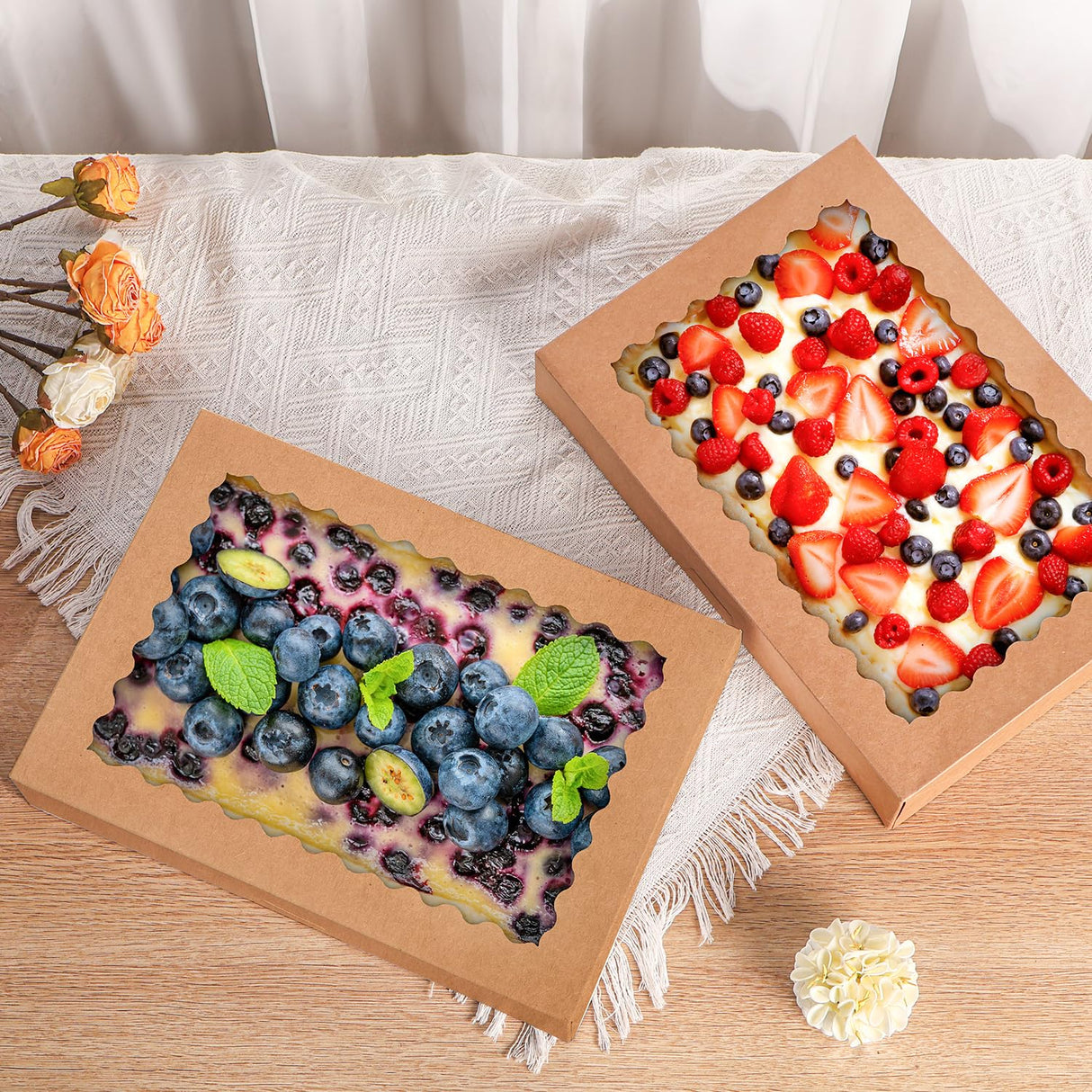 PFAMKEER 24 pcs Cookie Boxes,14x10x2.5 Inch Large Bakery Boxes with Window for Pies Chocolate Strawberries Muffins Donuts Pastry Dessert Christmas(Brown) (Brown, 14 * 10 * 2.5inch/24pcs)